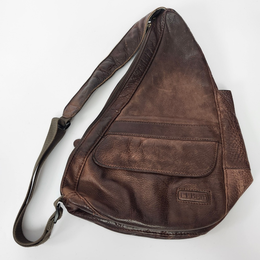 LL Bean Healthy Back Bag Brown Leather Ergonomic Crossbody Sling Backpack